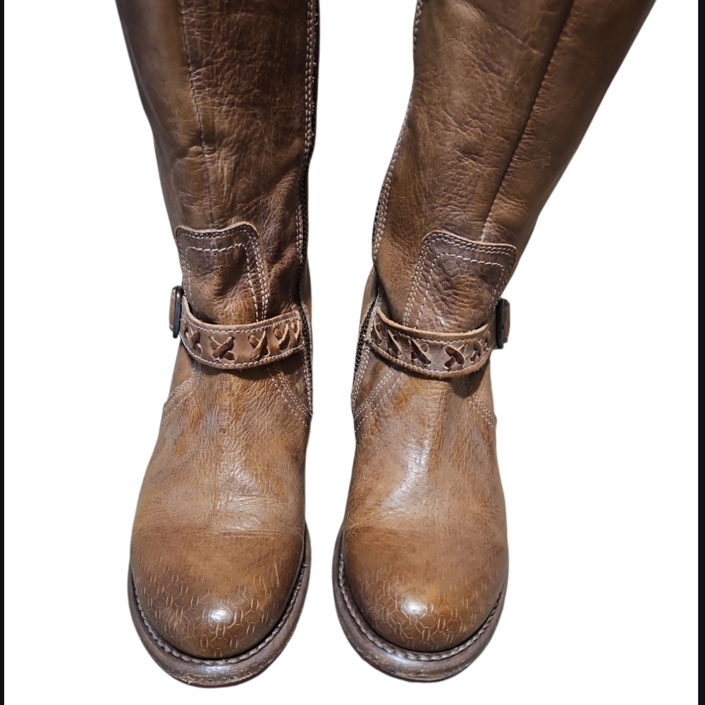 Bed/Stu Glaye Tan Leather Buckle Distressed Ridding Boots - Picture 7 of 14